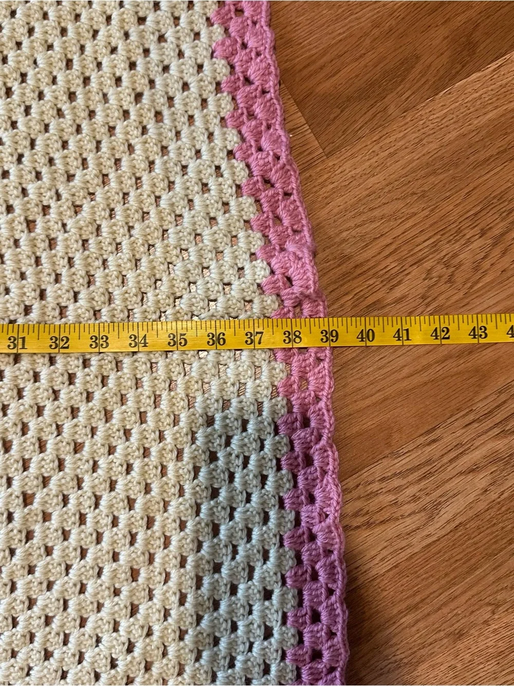 Vintage Handmade Crocheted Baby Blanket Cream Off White Pink Trim 39x48 Granny